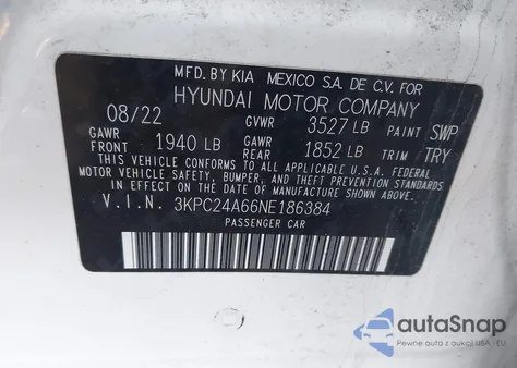 2022 Hyundai Accent Se from USA, damaged, VIN 3KPC24A66NE186384